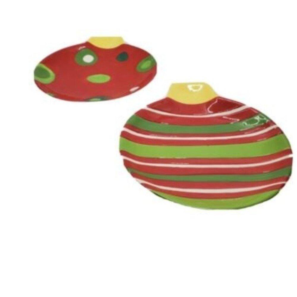 Set Of 2 Tag Ceramic Festive Holiday Plates In Ornament Shape Red Yellow Green